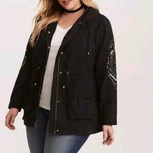 Torrid Black Hooded Anorak/Utility Jacket with Studded Arm Detail, Sz 3